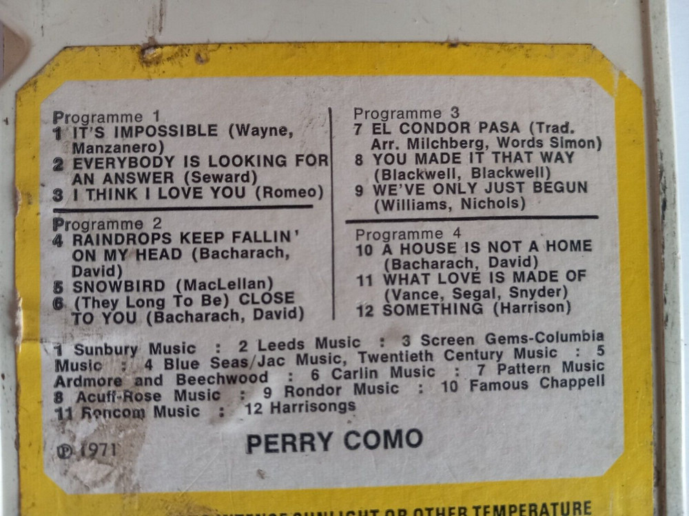 Perry Como ~ Its Impossible 8 TRACK [NOT SERVICED / UNTESTED]