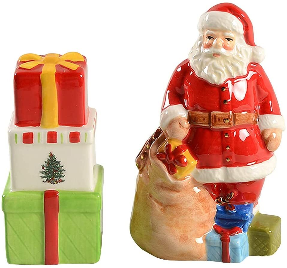 Spode Christmas Tree Salt & Pepper Set, Earthenware Figurines Santa & Giftboxes