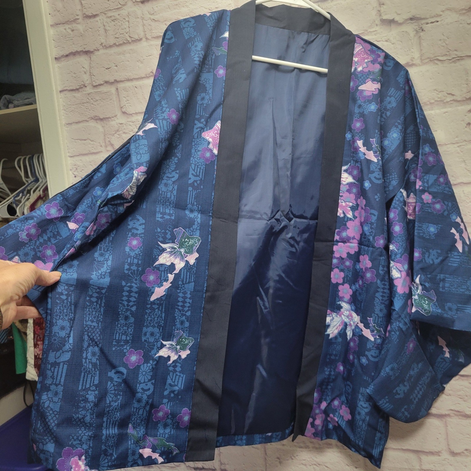 Japanese Kimono Jacket Womens XL+ Blue Purple Floral Asian Design Boxy Sleeves