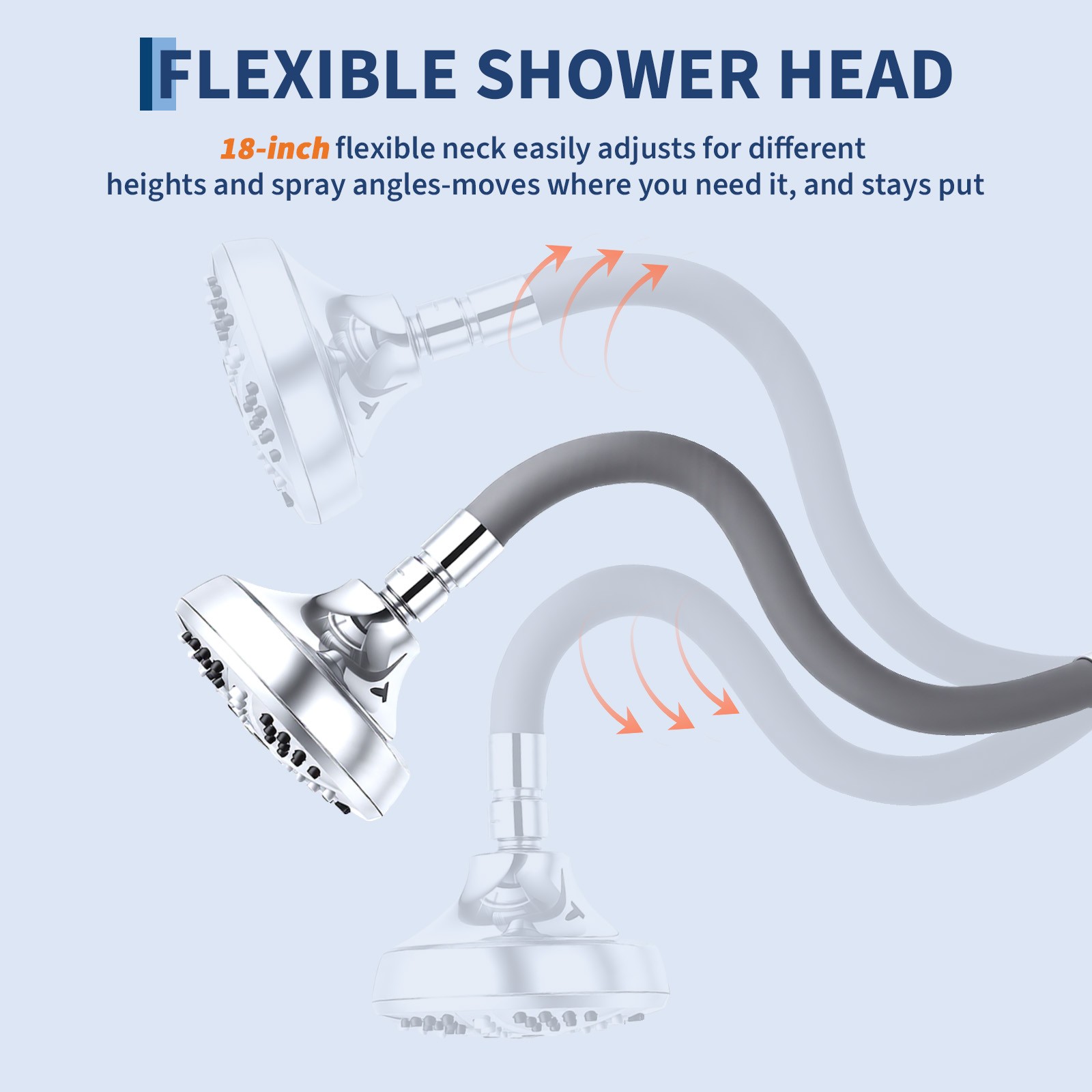 Flexible Shower Head with 18-Inch Adjustable Neck 7-Spray Modes Wall-Mounted