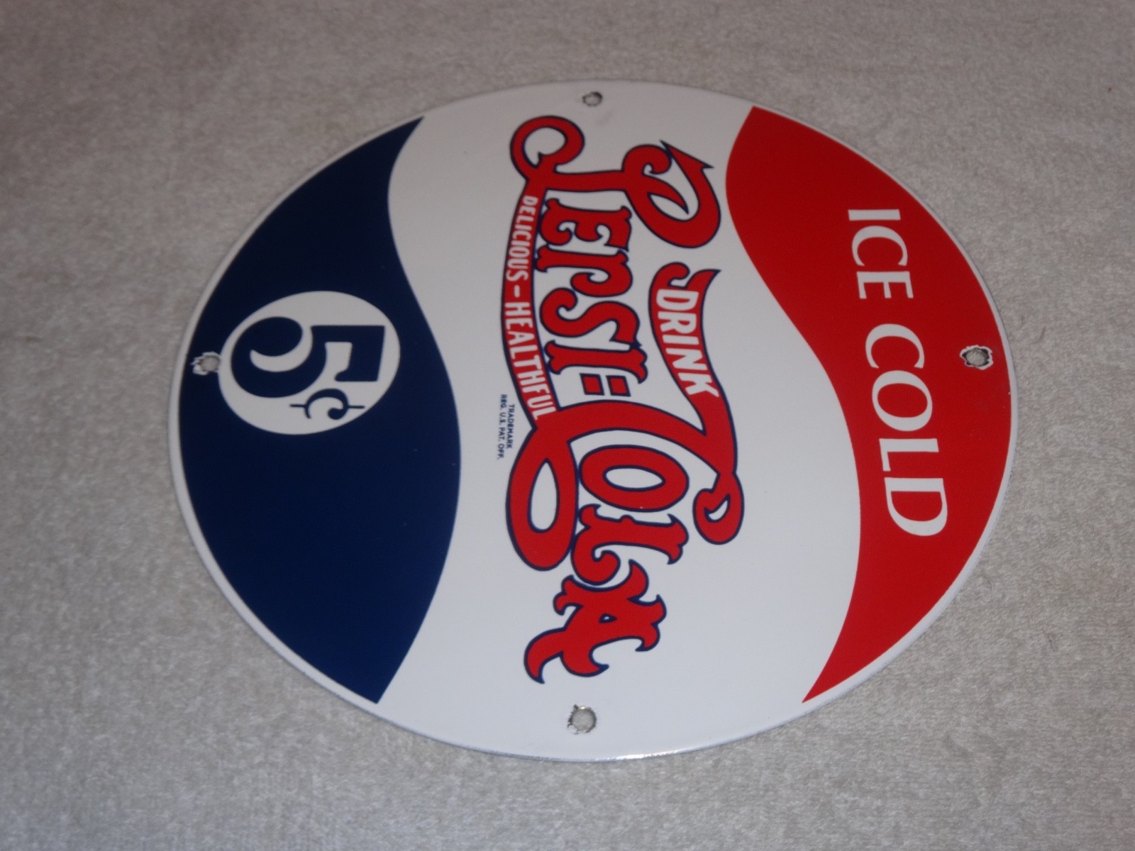 VINTAGE DRINK PEPSI COLA 5 CENTS! 11 3/4" PORCELAIN METAL SODA GASOLINE OIL SIGN