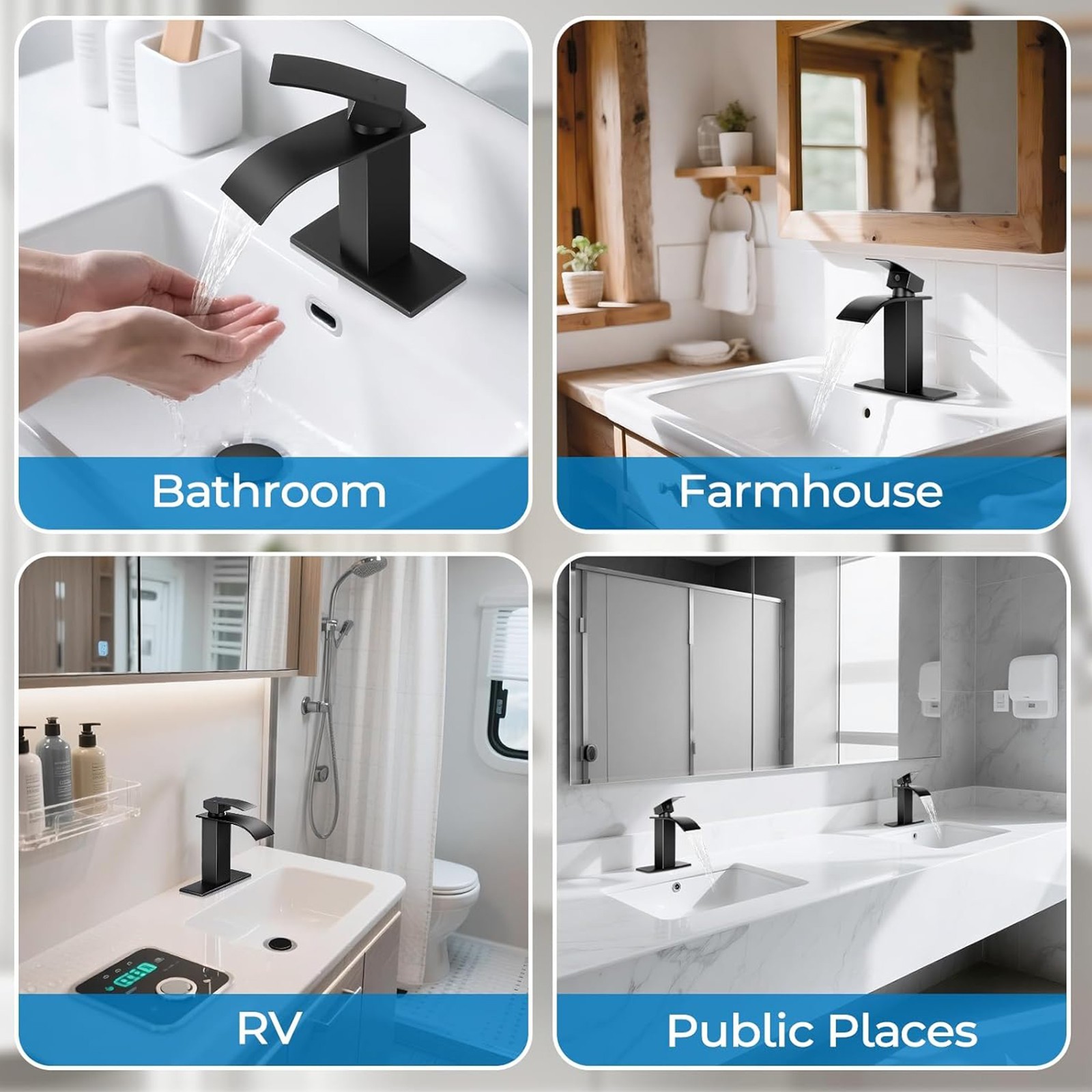 Black Modern Waterfall Bathroom Sink Vanity Faucet Single Handle Taps with Drain