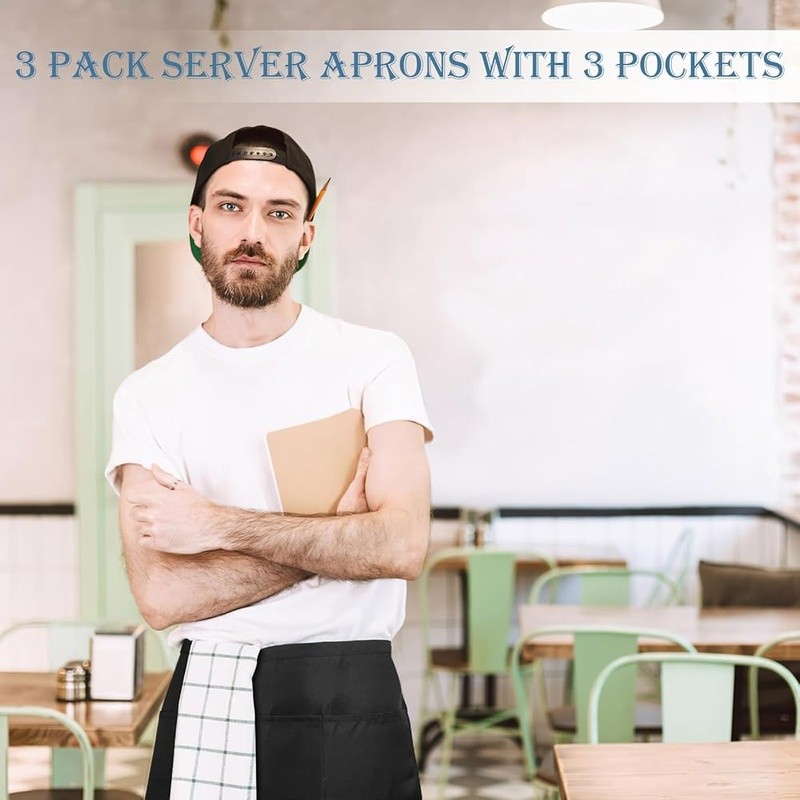 3 Pack Server Apron W/ Large Pockets Durable Polyester Kitchen Workwear New