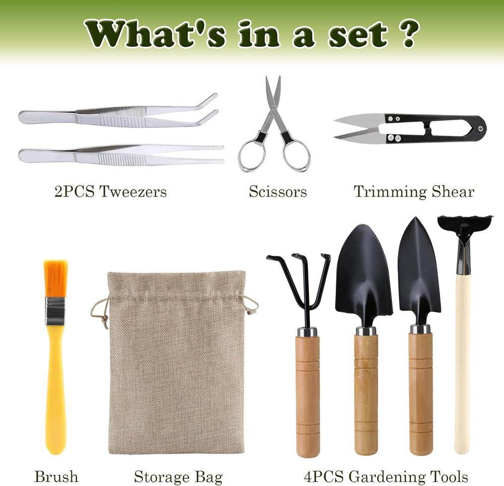 9 Piece Basic Bonsai Tools Set, Includes Pruning Shears, Mini Rake, Fold Scissor