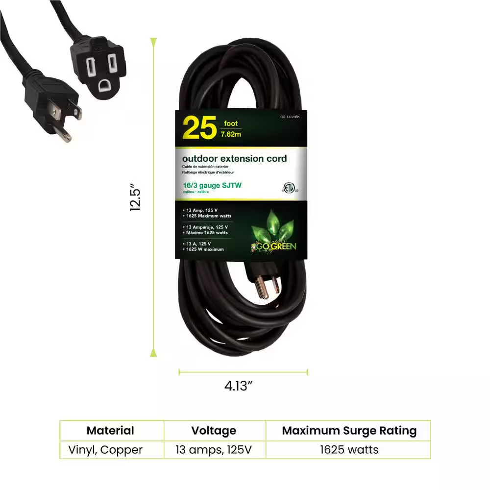 25 Ft. 16/3 Heavy Duty Extension Cord - Black