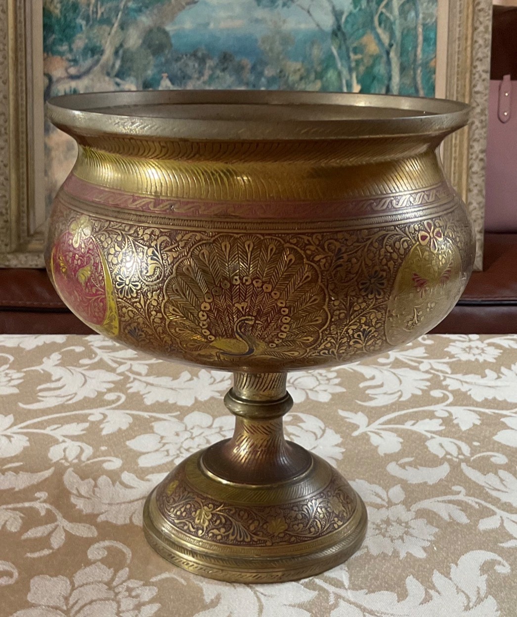Etched Brass Pedestal Bowl Urn Peacock Floral Motif 7.3lb Ornate Centerpiece
