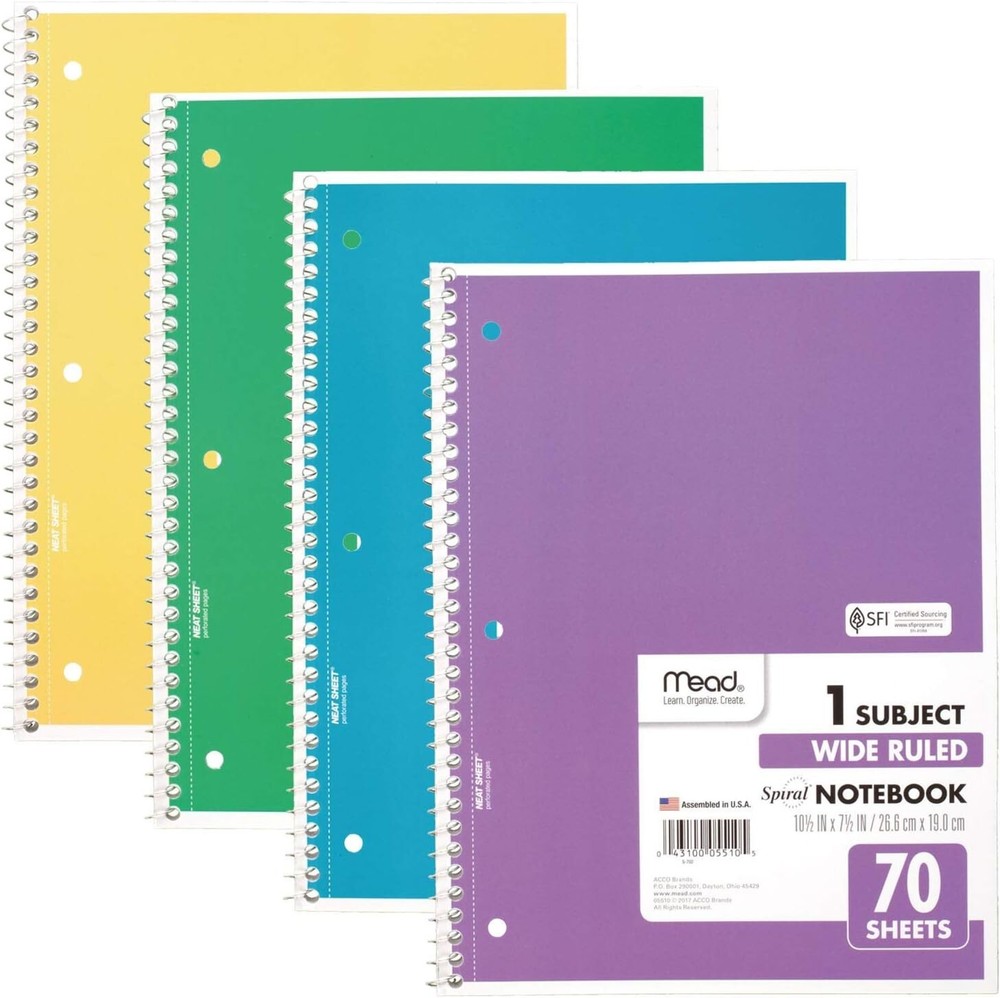 Versatile 4-Pack Spiral Notebooks - 1 Subject, 70 Sheets, Durable & Practical