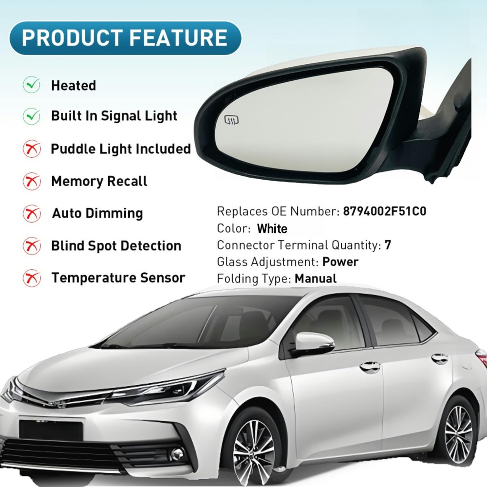 Left Driver Side Mirror Compatible With Toyota Corolla L-Driver Side, White