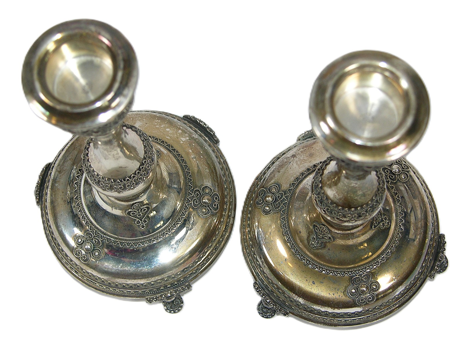 RARE Pair of Jerusalem Shevach Bros Filigree Sterling Silver Candlestick Holders