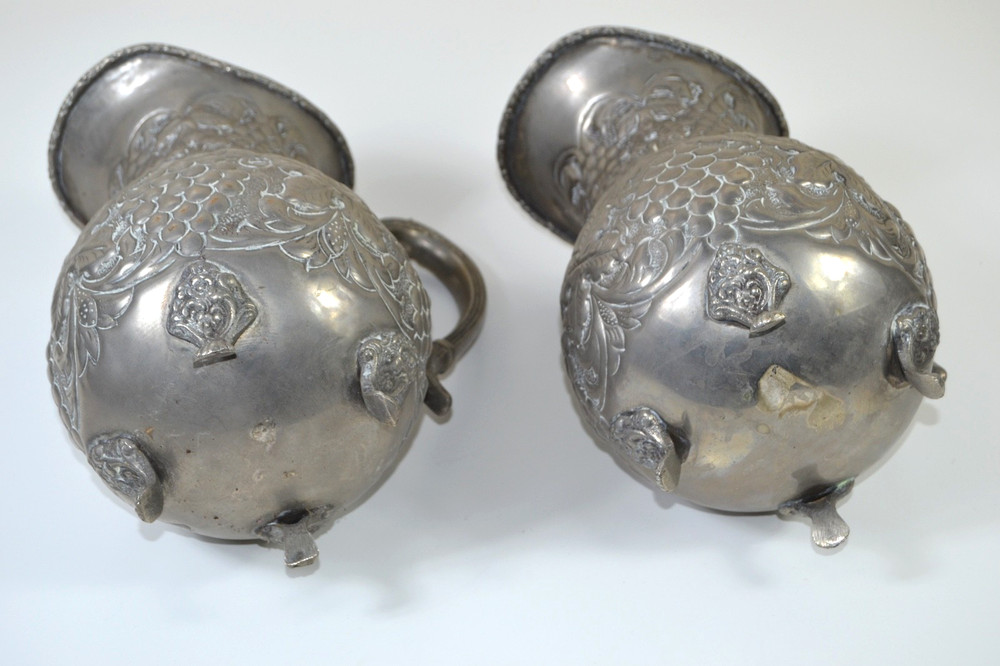 Vintage Silver Plated Pitchers Pair – Ornate Grape Repoussé Footed Baroque Style