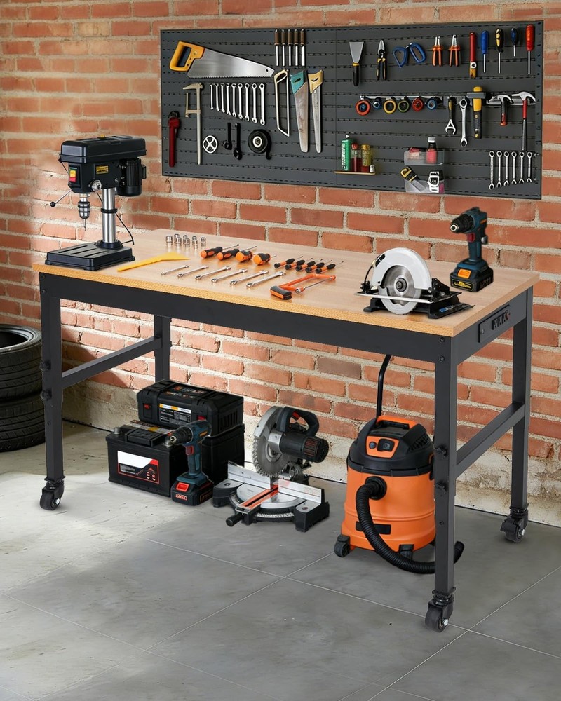 60in Rolling Garage Workbench Adjustable Tool Bench w/ Locking Wheels