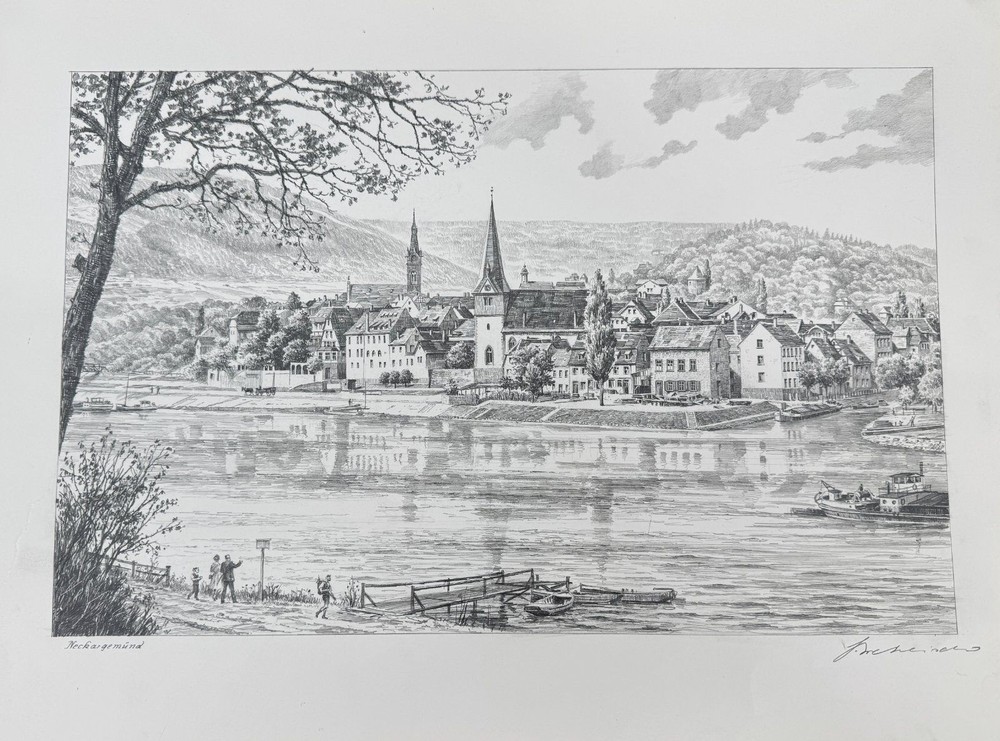 * HEINZ WEHLISCH DRAWING NECKARGEMÜND SIGNED