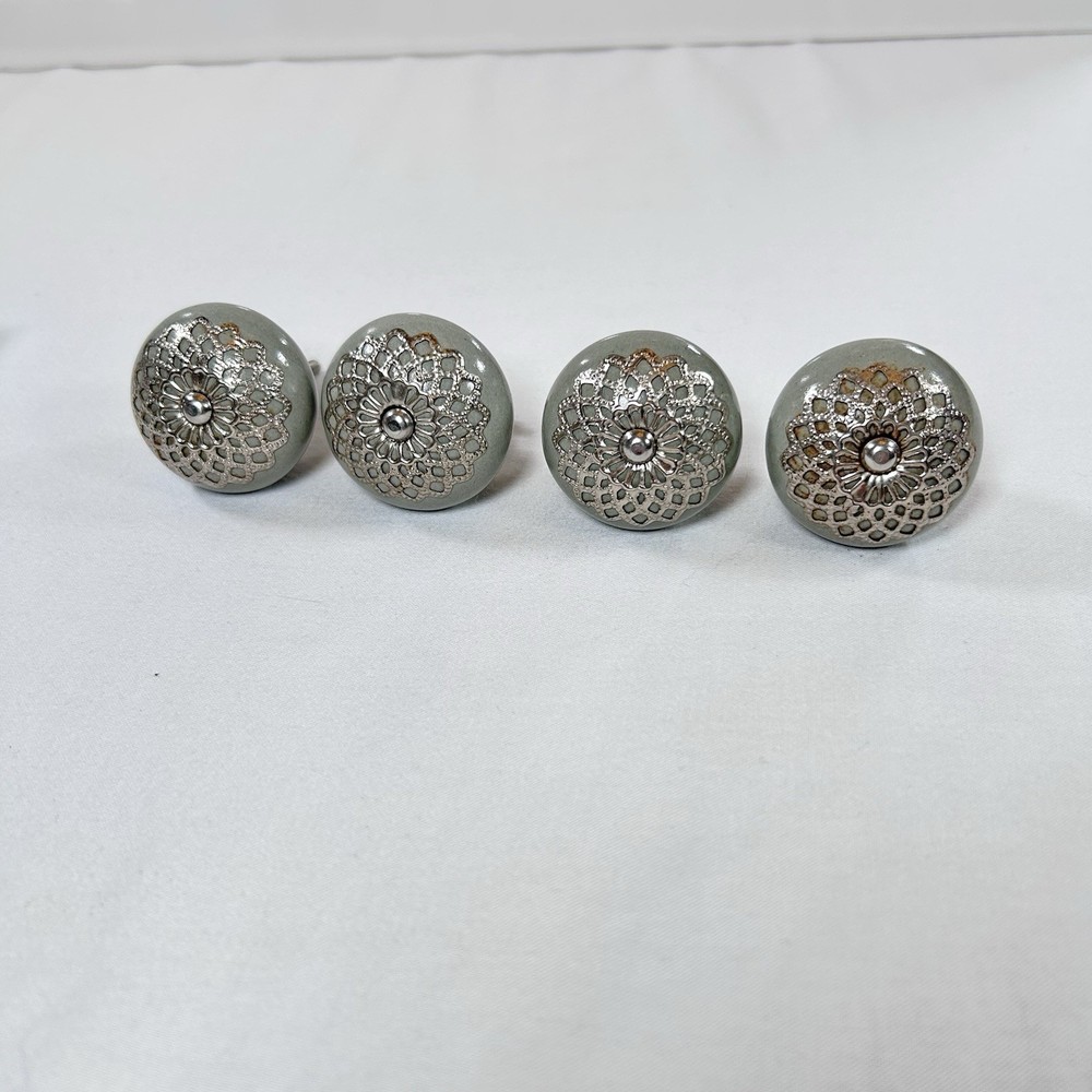 Set of 4 Casa Decor Ceramic Gray & Silver Drawer Cabinet Knobs/Pulls Moroccan