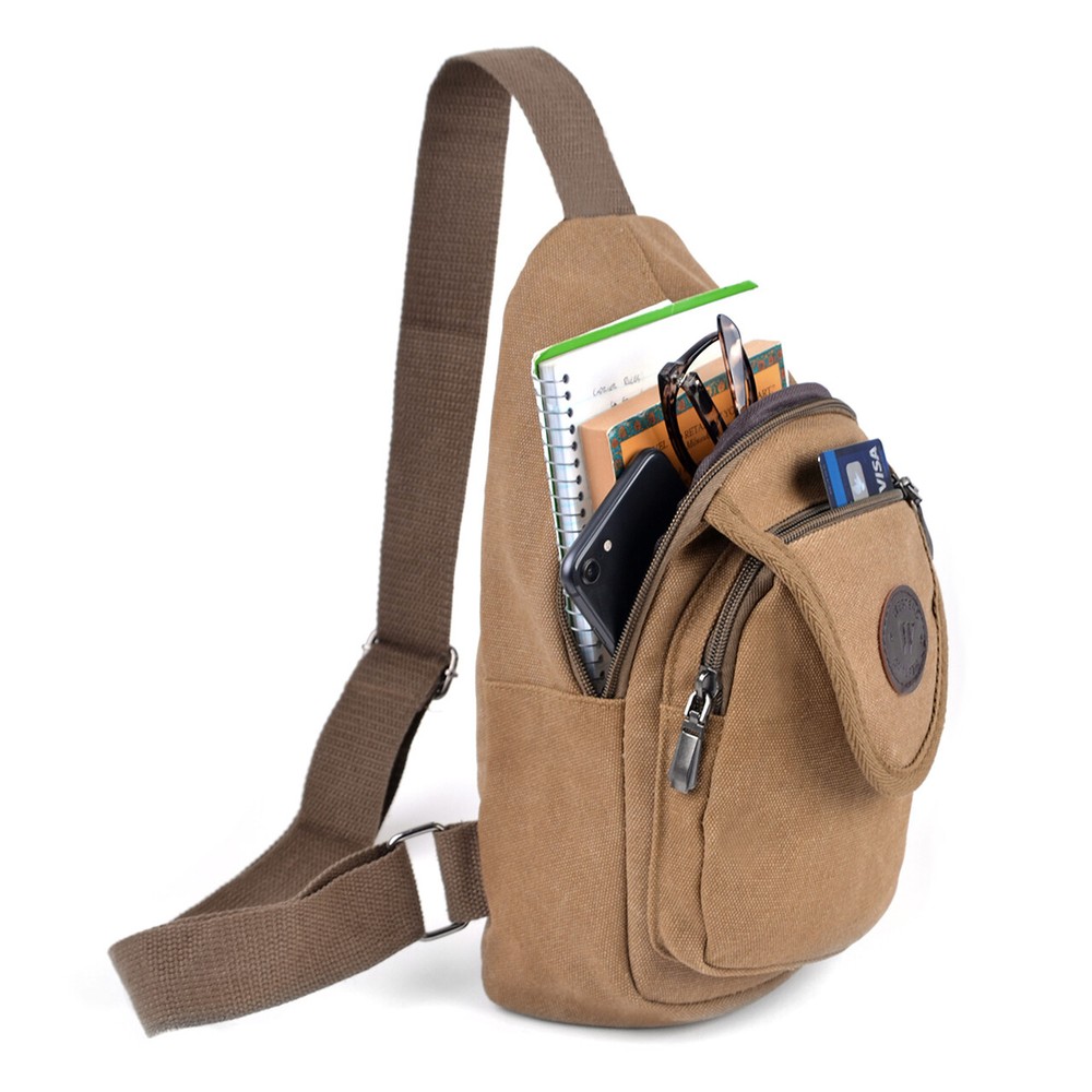 Brown Canvas Crossbody Bag Practical Durable Solid Multi Zipper Adjustable Strap