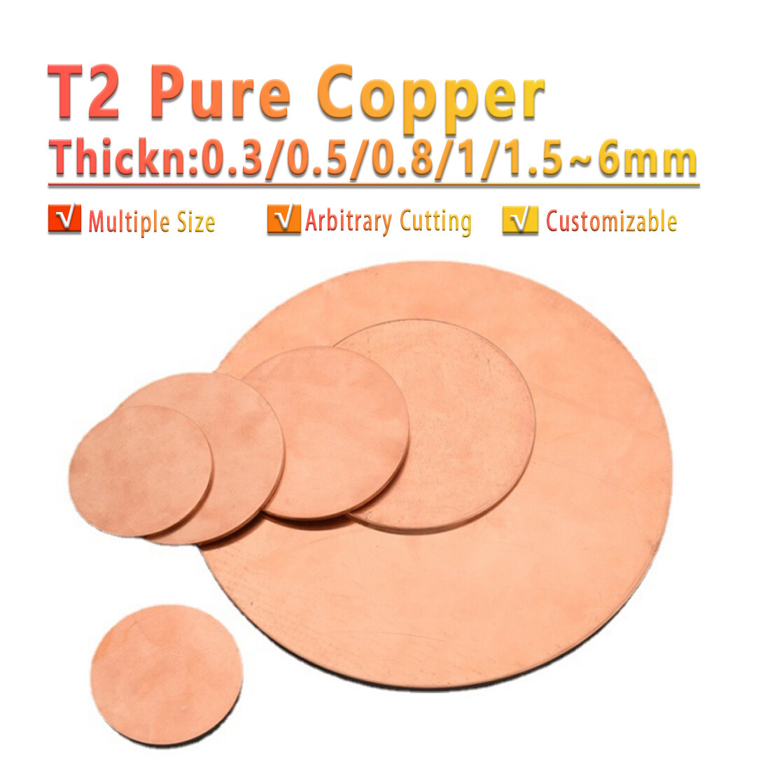 T2 Solids Pure Copper Discs Blanks Metal Round Sheets OD Ø10~300mm Thick 0.3~4mm