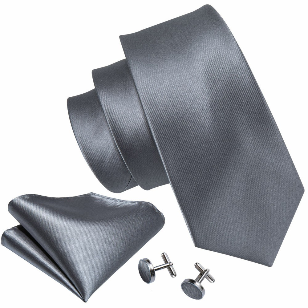 Solid Silver-Gray Necktie Set (with Handkerchief and Cufflinks)