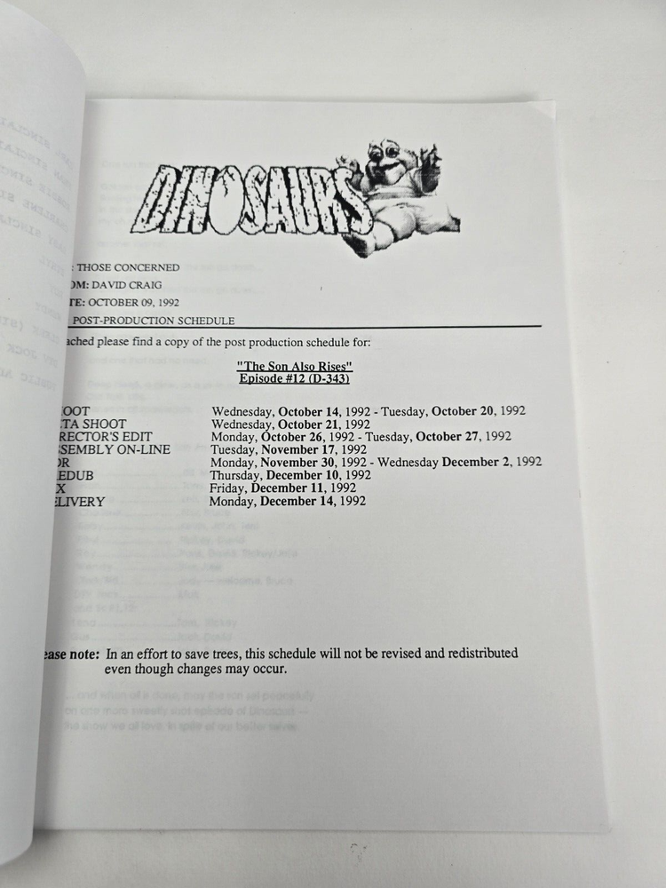DINOSAURS / Dave Caplan 1992 TV Script, Jim Henson "The Son Also Rises"