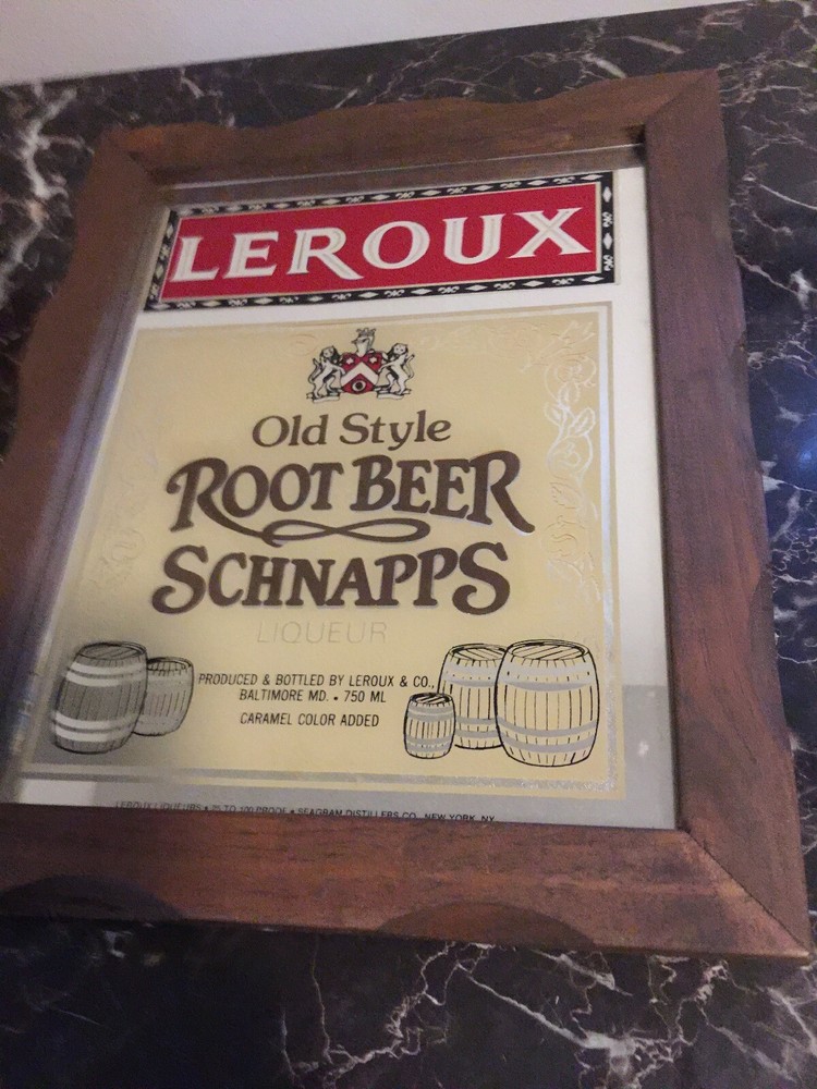 LEROUX " OLD STYLE ROOTBEER SCHNAPPS " FRAMED MIRROR - NICE !!