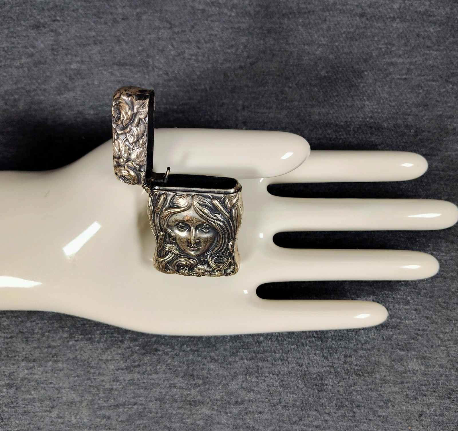 1870's Antique German Silver Art Nouveau Woman Lady Match Safe Vesta