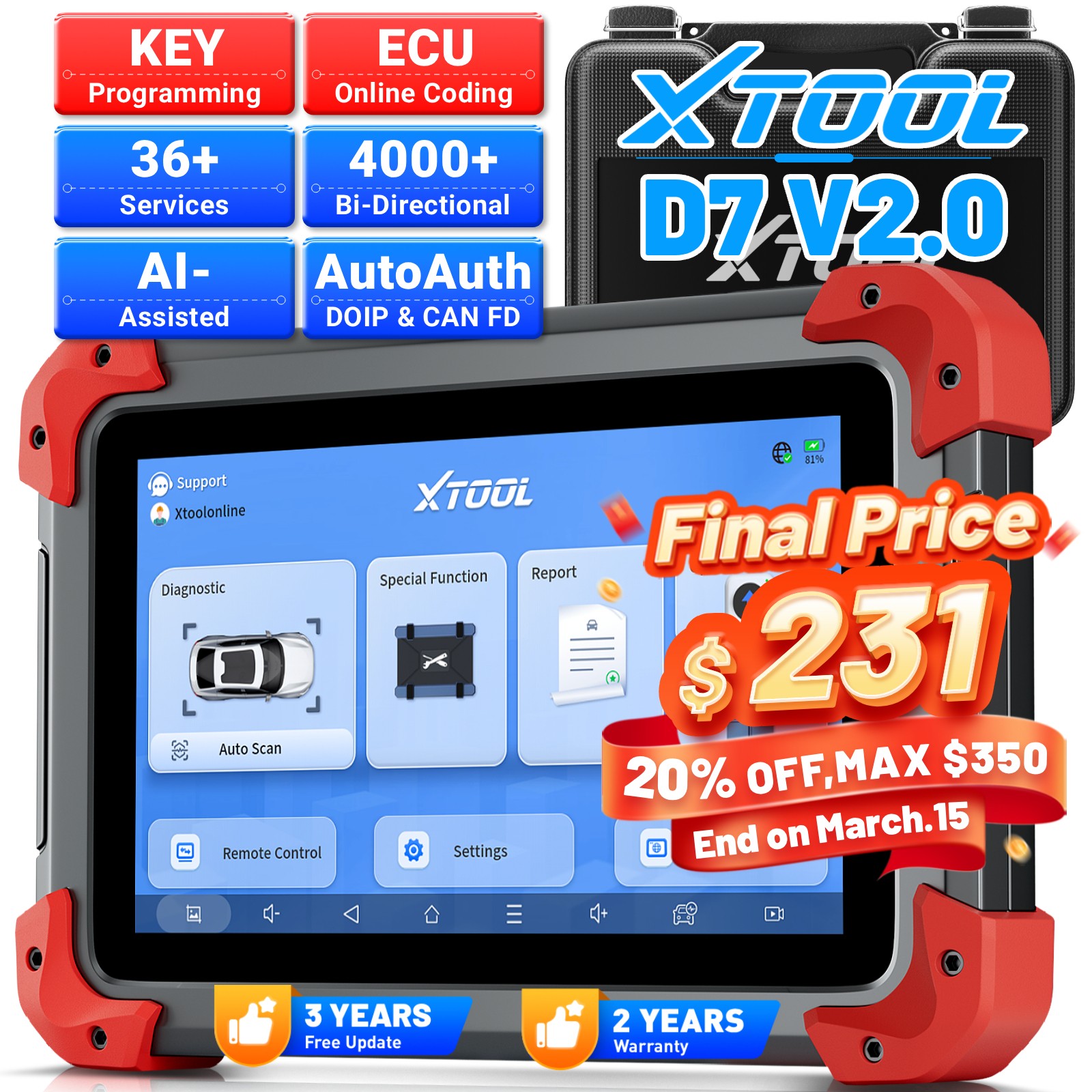 USED XTOOL D7 V2.0 Full System Diagnostic Bidirectional Scanner Key Programmer