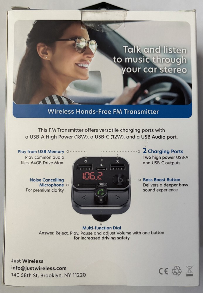 Just Wireless Bluetooth FM Transmitter with USB-C and USB-A Charging Port
