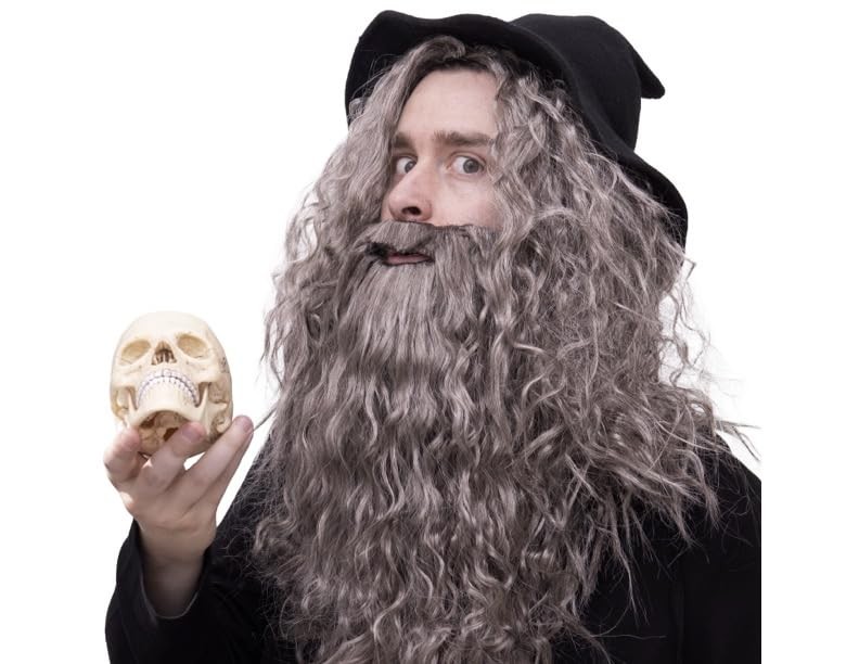 Happy Hippo Long, Gray Wizard Wig and Beard Set: Halloween Costume Wig For Me...