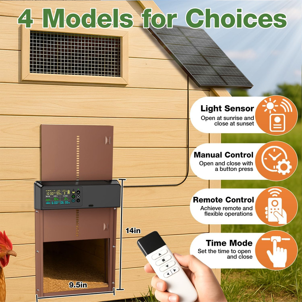 Automatic Chicken Coop Door Solar Powered with Timer&Light Sensor Remote Control