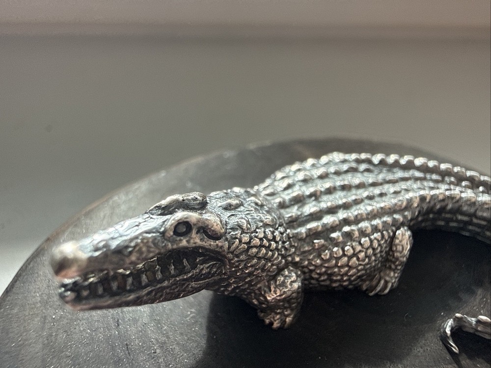 Patrick Mavros Solid Silver Crocodile Place Card Holder On A Hardwood Base