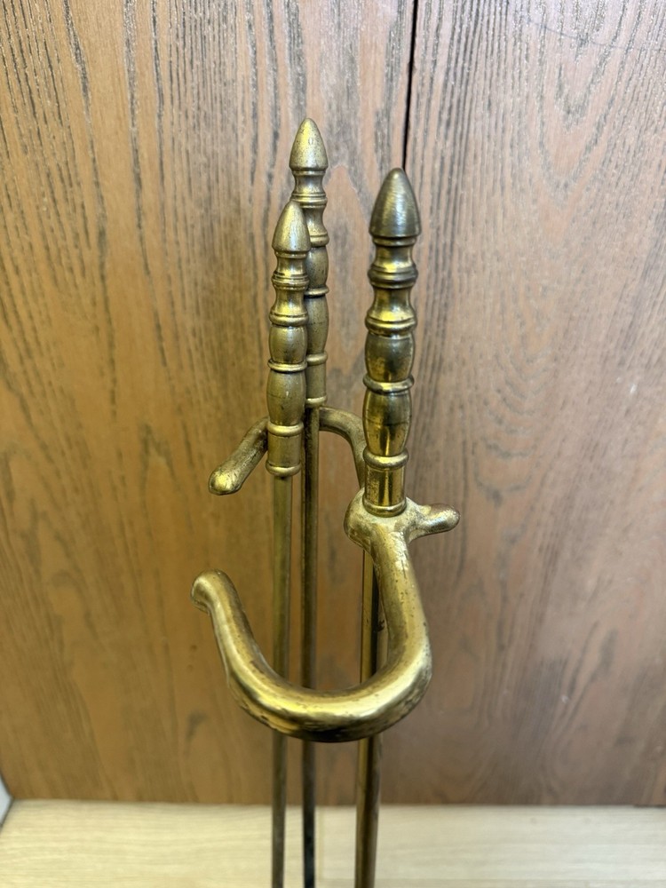 Vintage Solid Brass Fireplace Tool Poker, Shovel And Stand