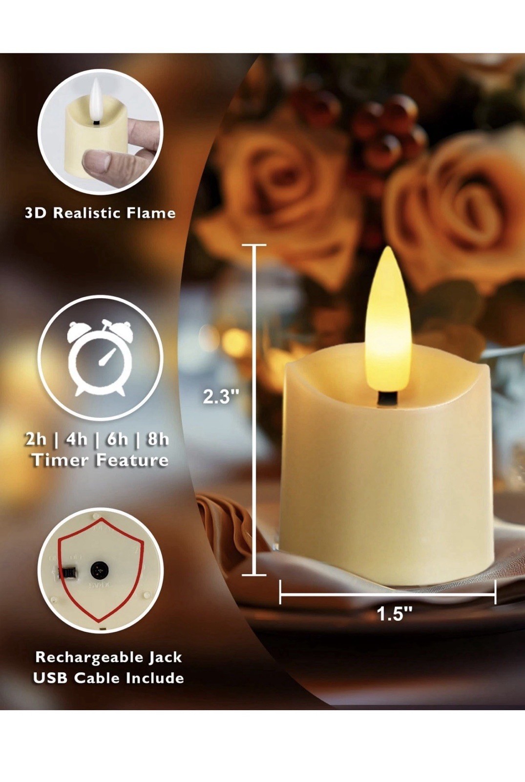 Rechargeable Flameless Candles 2/4/6/8H Timer LED Votive Candles 12 PCS Batte...