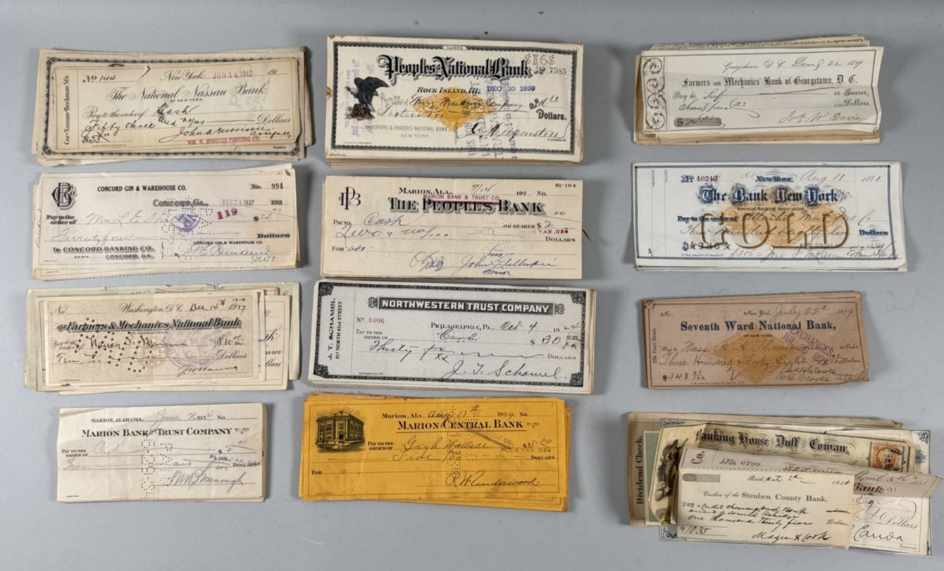 Lot of 300 US Bank Cancelled Checks 1861-1934 Marion Central, The Peoples Bank