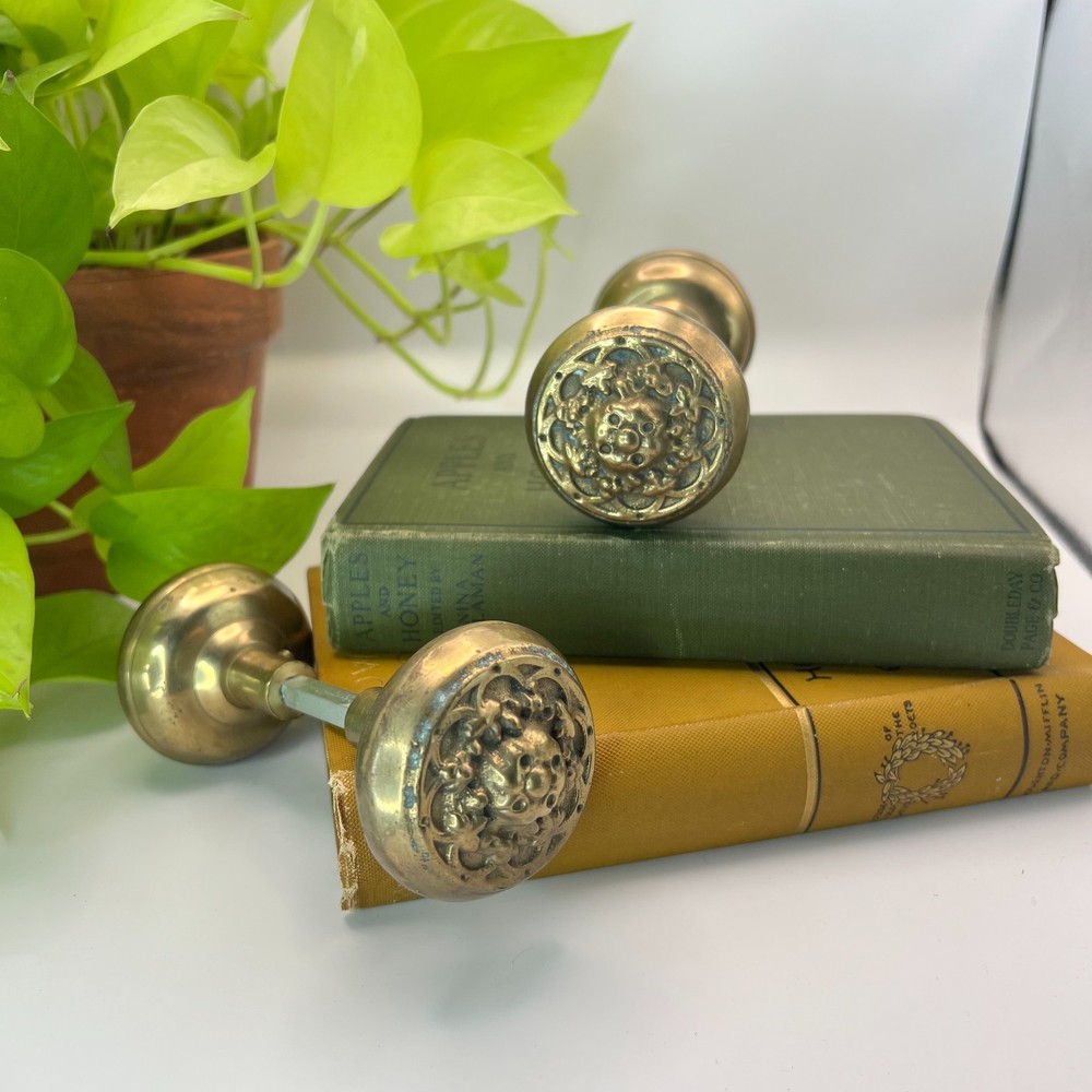 Solid Brass Door Knobs Ornate Floral Rosette Victorian Style Pair
