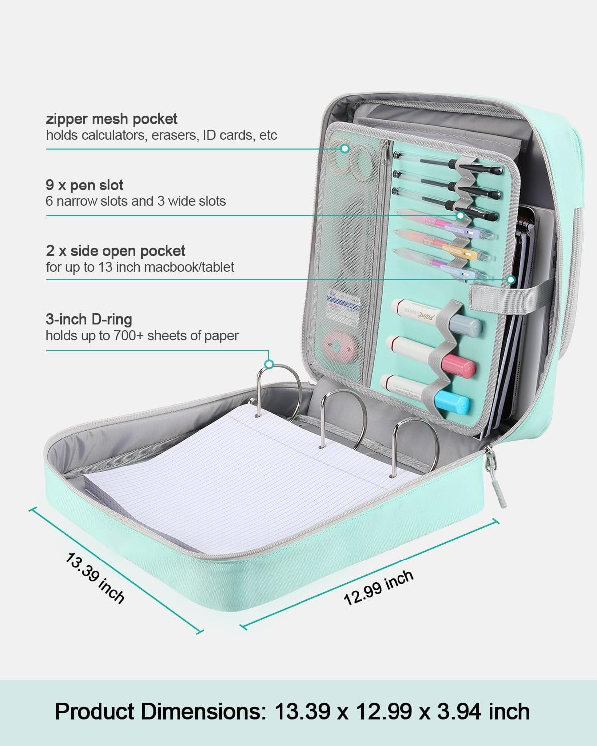 3-Inch D-Ring Zipper Binder With Shoulder Strap, 700 Sheets Capacity Mint Green