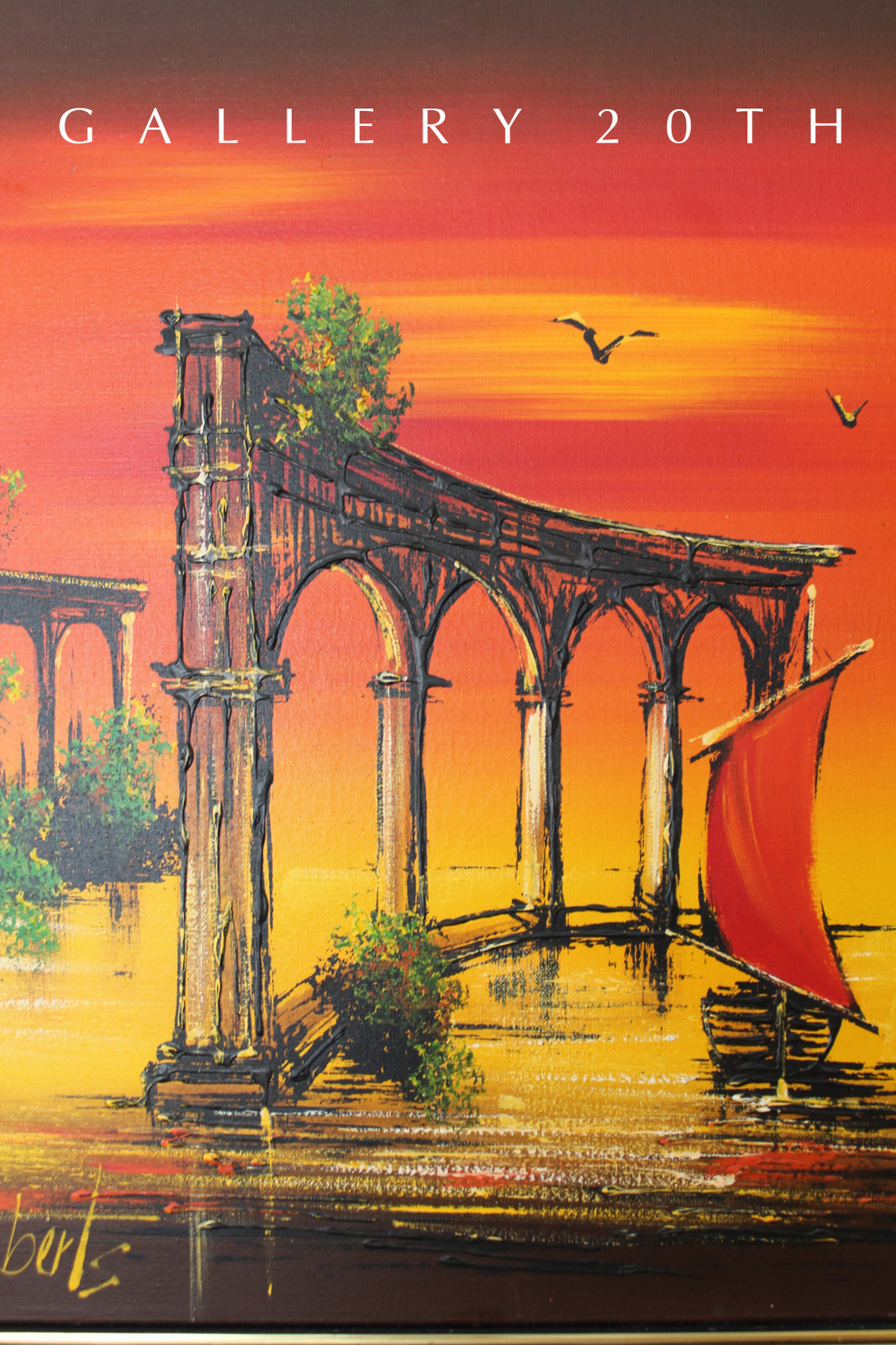 SPECTACULAR! MCM ORIG OIL PAINTING! 50'S 60'S ART VTG ATLANTIS RUINS MID CENTURY