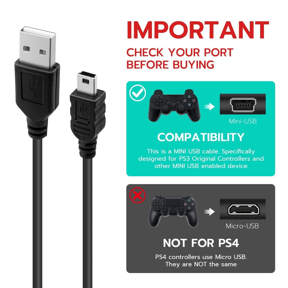 Mcbazel 2 Pack PS3 Controller Charger Cable, 3.3ft Mini USB Charging Cord for PS