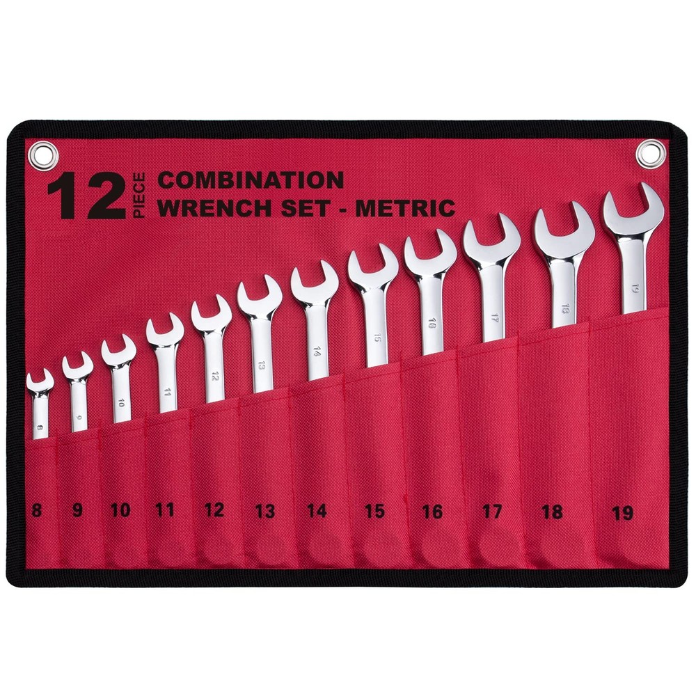 12-Piece Metric Combination Wrench Set in Roll-up Pouch, Non-Skip Sizes 8mm -...