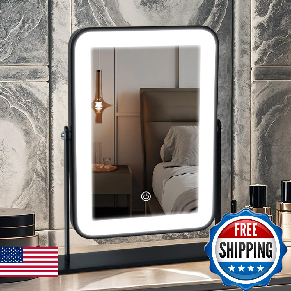 YEKKOPT Portable Desk Vanity Mirror with Lights Black Rechargeable Small Makeup