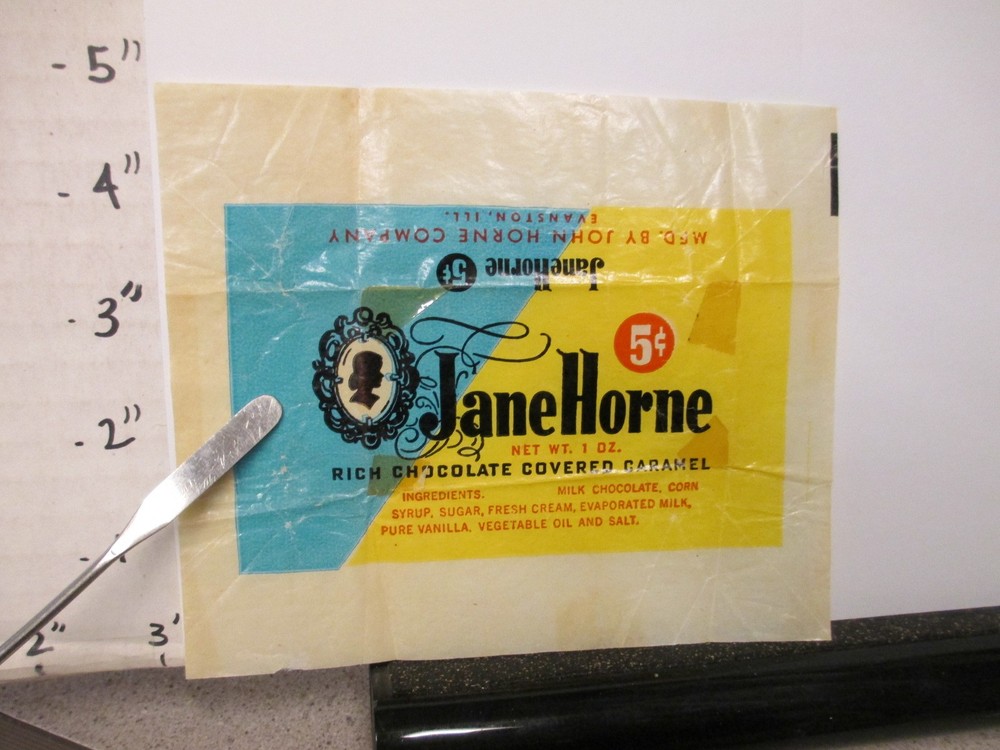 candy bar wrapper 1940s JANE HORNE Evanston IL 1 oz 5 cents caramel chocolate