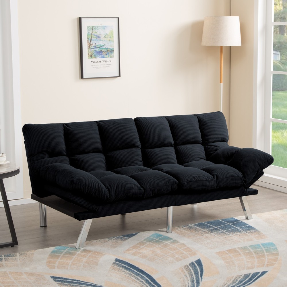 67.3" Corduroy Futon Sofa Bed Twin Sleeper Adjustable Split Back Armrests Black