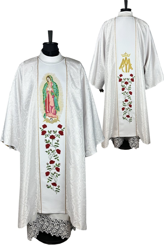 Gothic Dalmatic, white damask, Vestment, side openings, liturgical embroidery