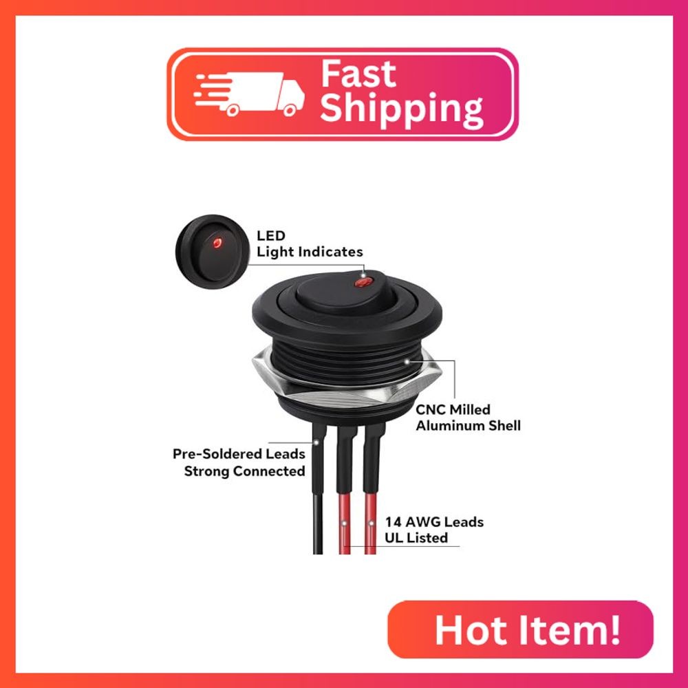 Acegoo 12V Aluminum Round Rocker Switch Red Lighted Toggle Switch 20A SPST 12V/2