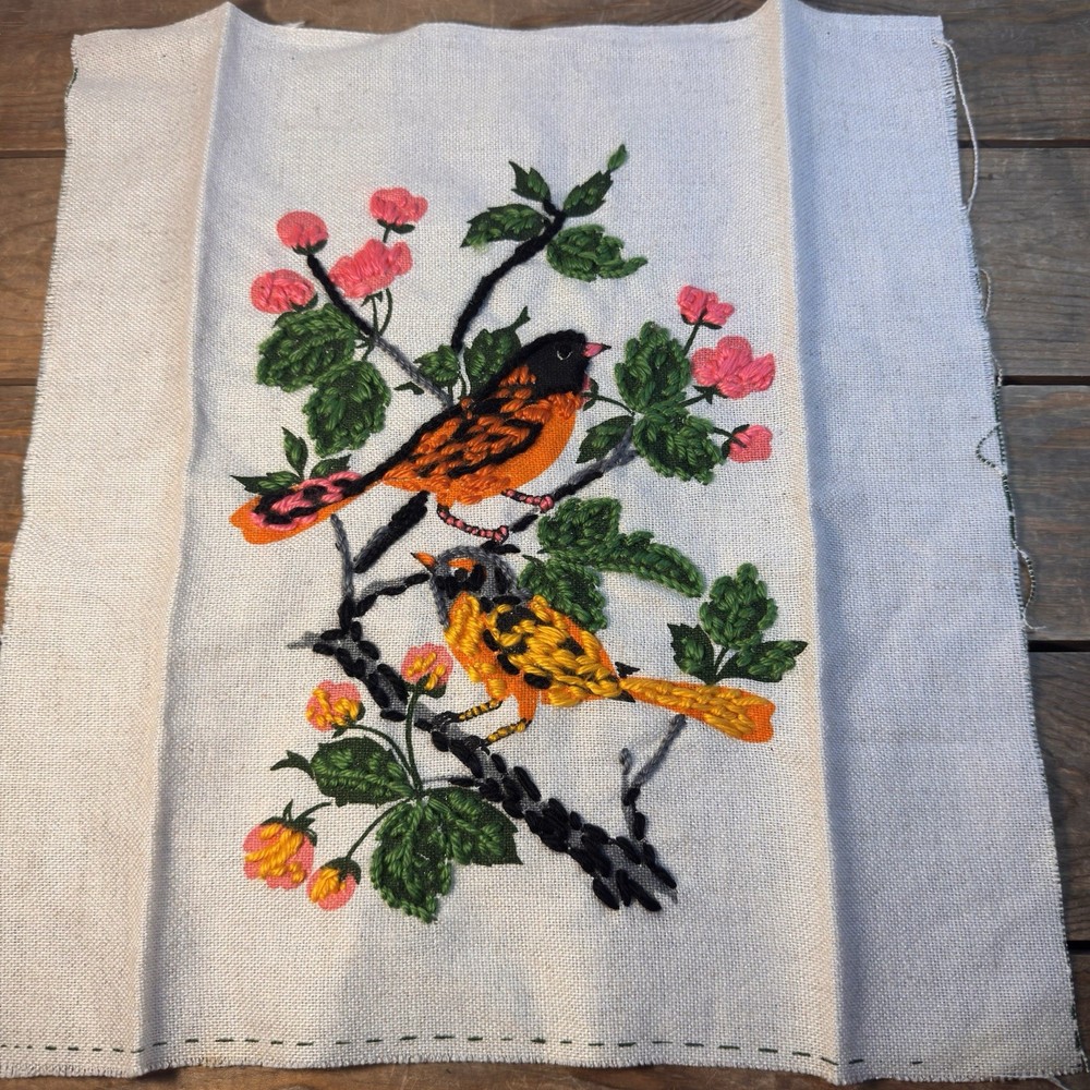 Vintage Unframed Needlepoint 2 Birds Pink Flowers Orioles