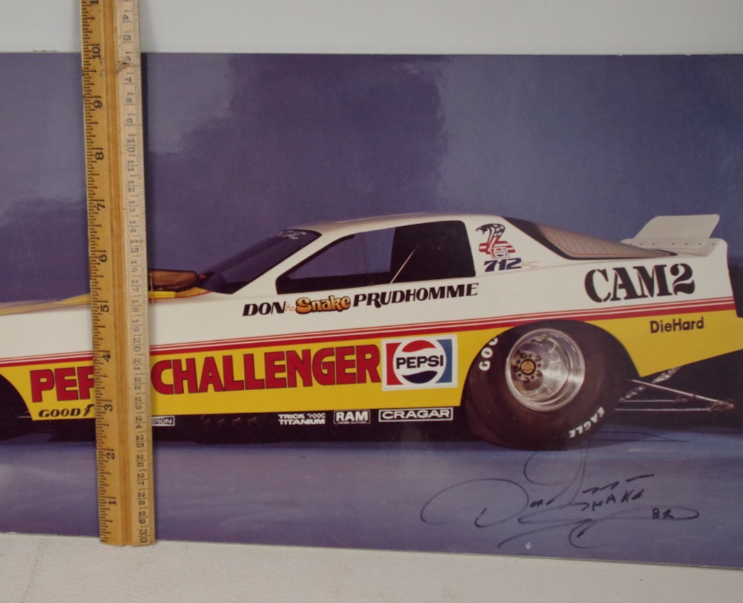 AUTOGRAPHED DON THE SNAKE PRUDHOMME NHRA FUNNY CAR PHOTO LARGE 20X10 ON BOARD