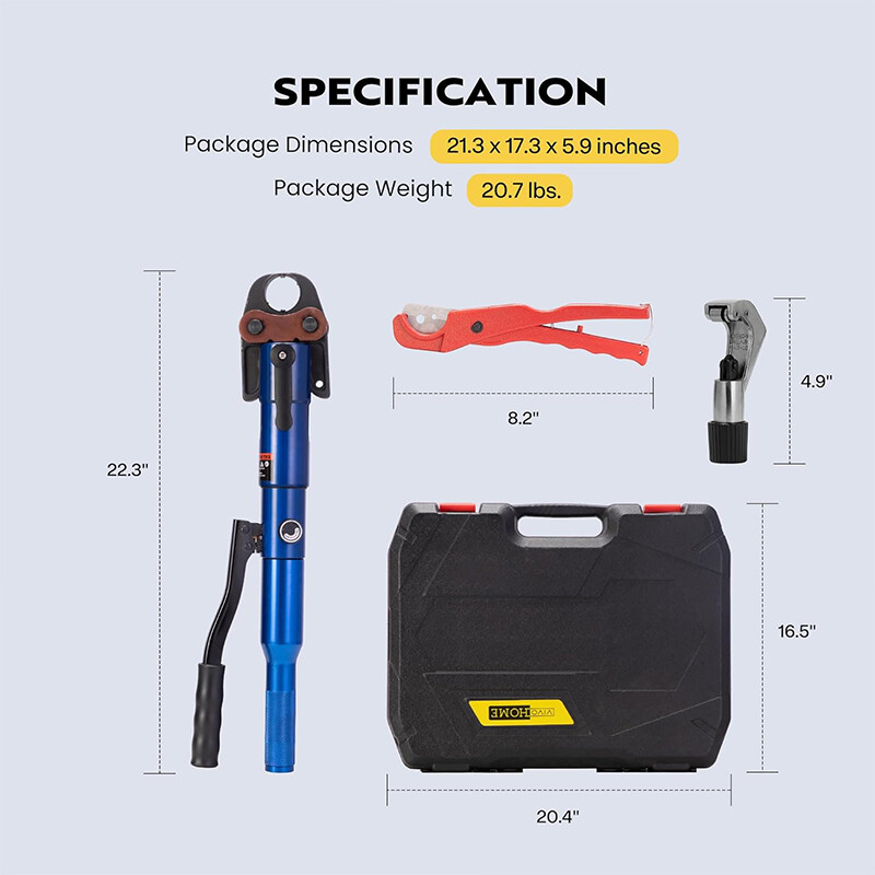 Copper Tube Fittings Hydraulic Pipe Crimping Tool with 1/2", 3/4" and 1" Die Set