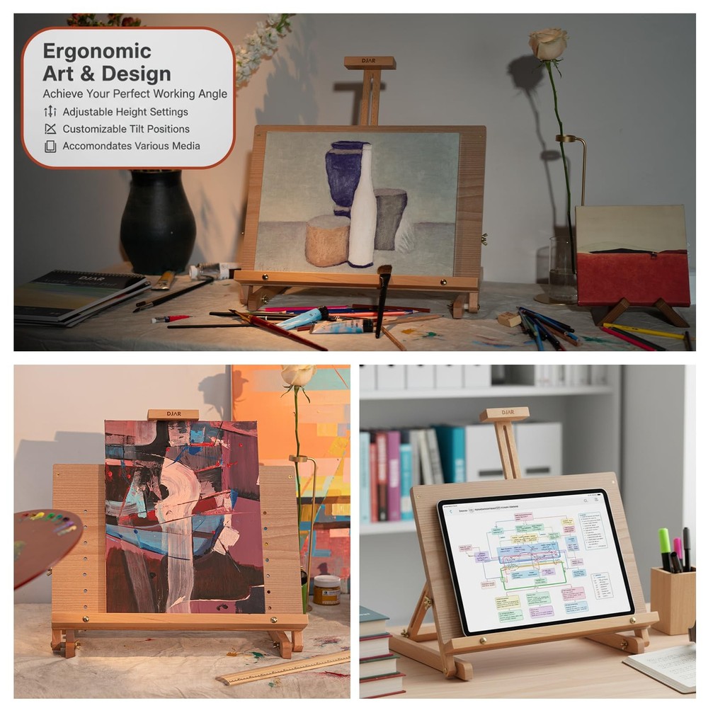 DJAR Tabletop Easel for Painting, Adjustable Solid Beech Wood Table Top Easel St