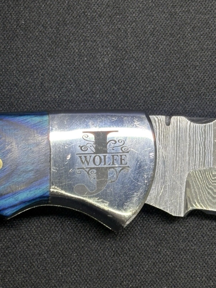 Custom J Wolfe Damascus Folder - Blue Handle Beauty