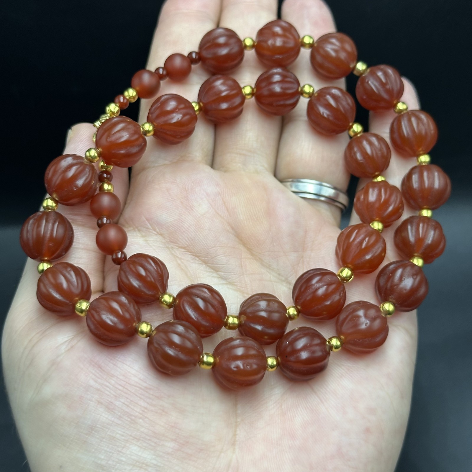 Vintage Himalayan Tibetan Carnelian Carved Agate Melon Shape Beads Necklace