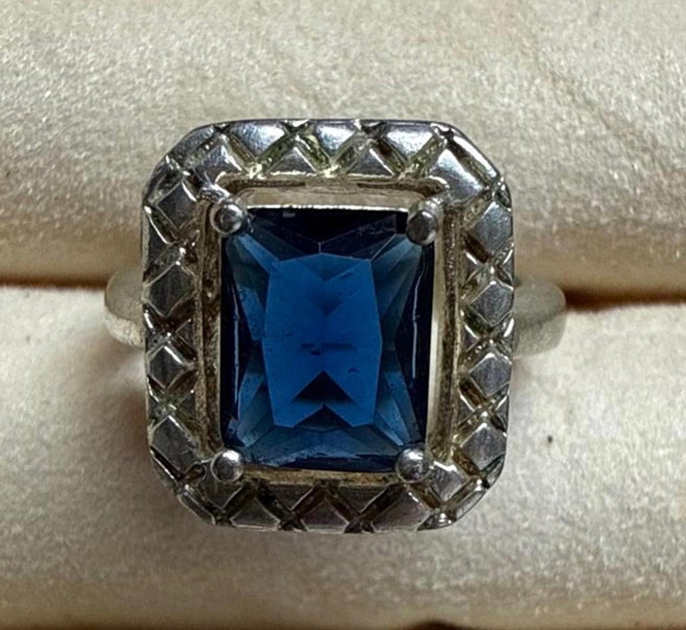 Sterling Silver Ring with Cushion Cut Rectangular Blue Sapphire