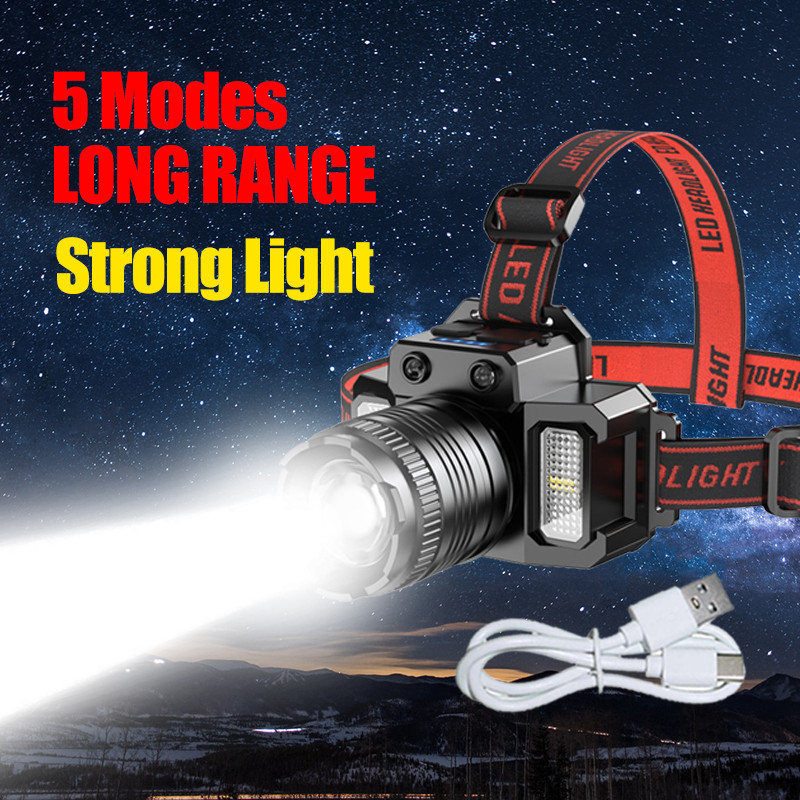 USB RechargeableLED Headlamp Zoomable 5-Modes Headlight Head TorchFlashlight