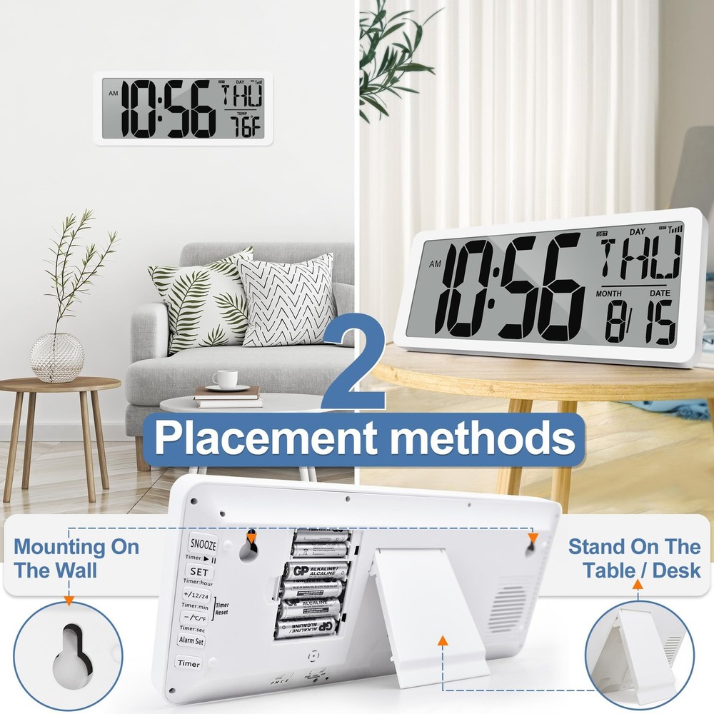 Atomic Clock 15" Digital Wall Clock Battery Operated Atomic Wall Clock Large ...